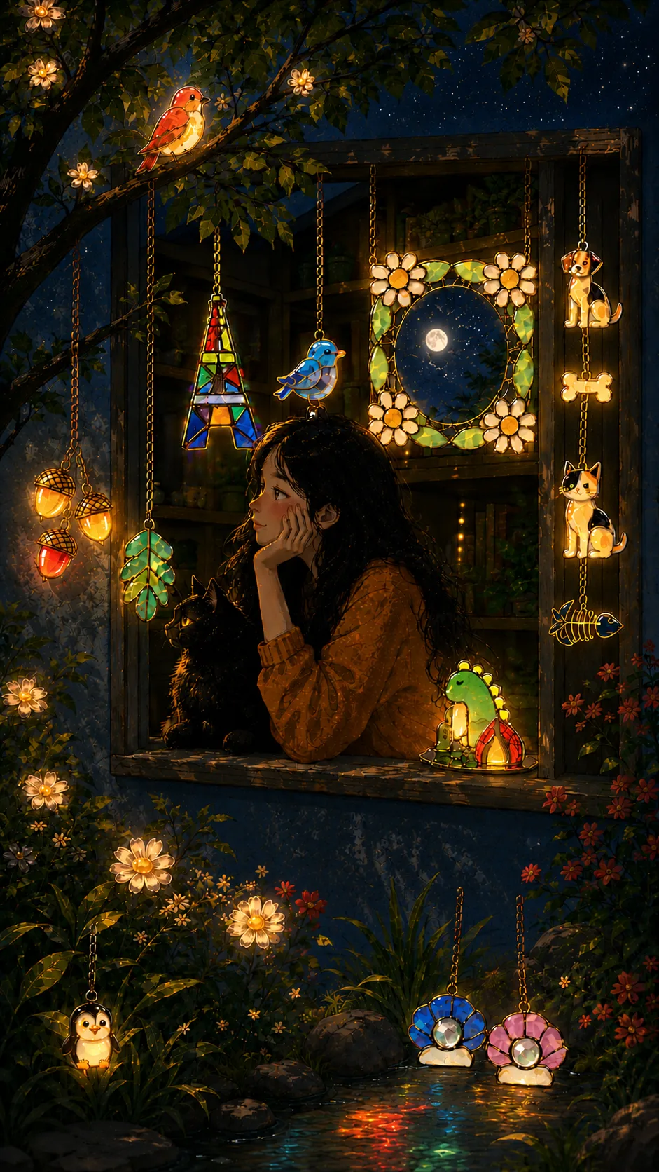 The Garden suncatchers glowing under a starlit garden
