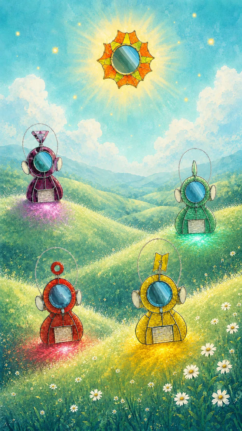 TeleBB suncatchers in a sunlit meadow