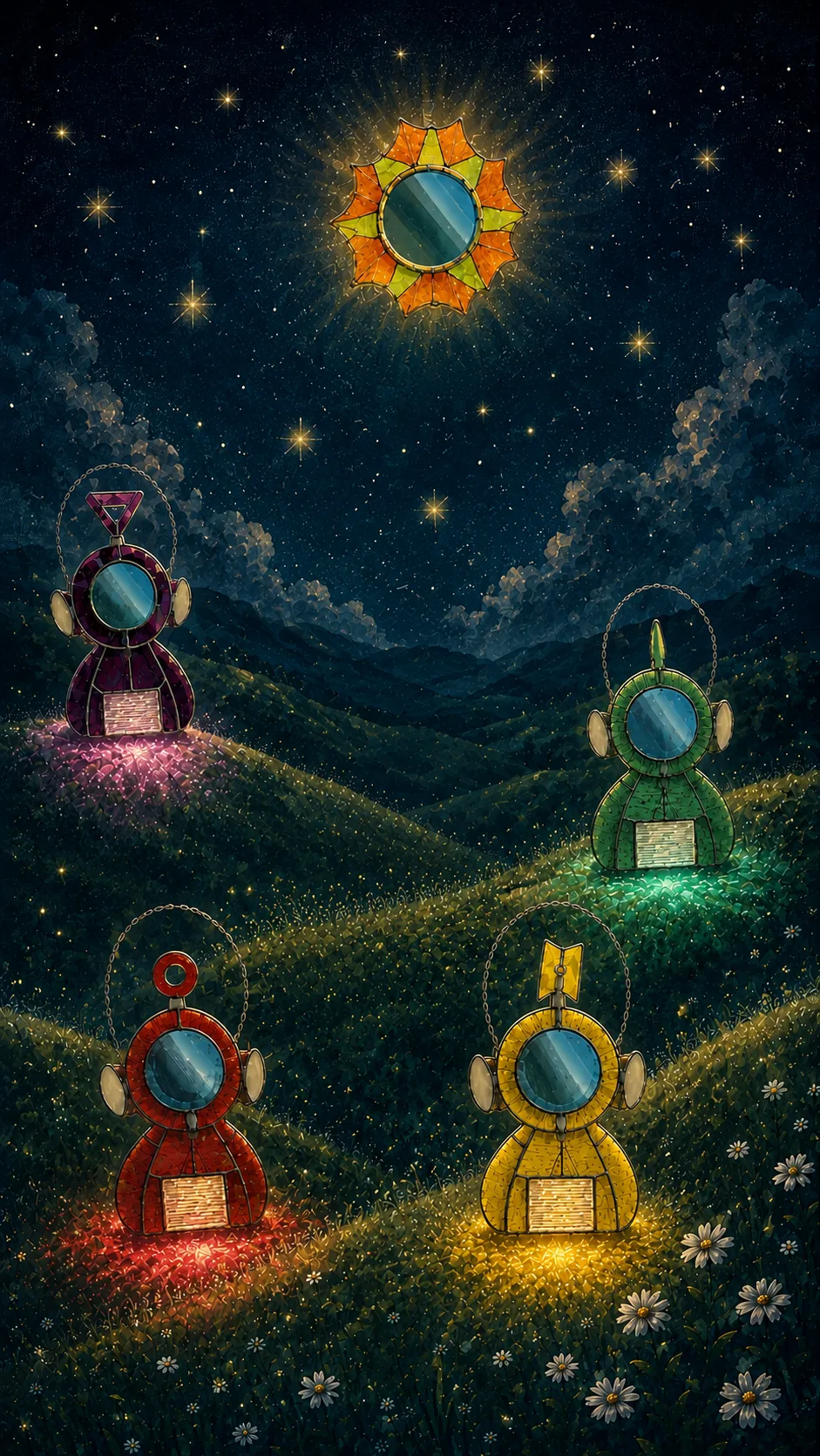 TeleBB suncatchers glowing under a starry sky